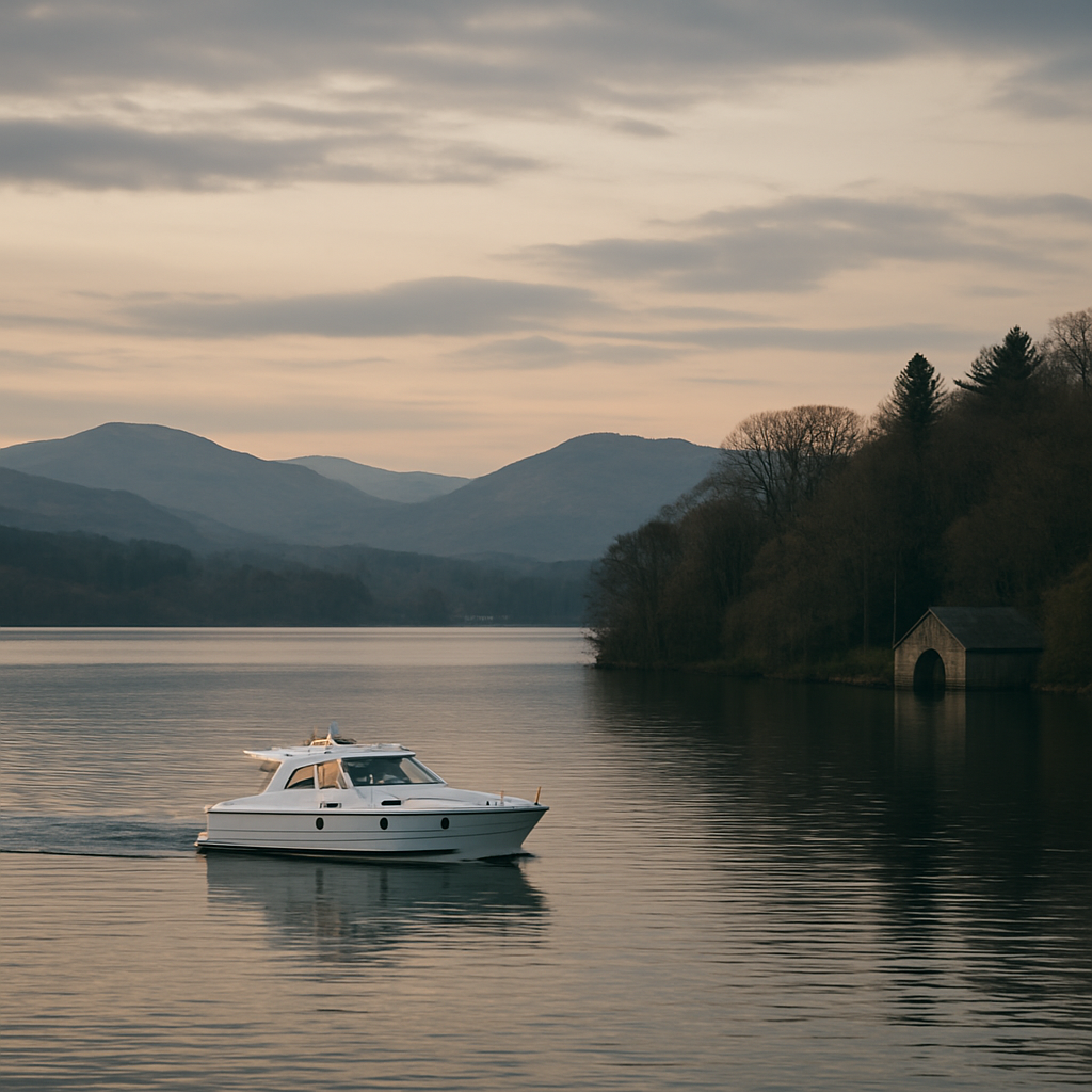 Lake Windermere at dusk with a luxury motor yacht cruising across calm water